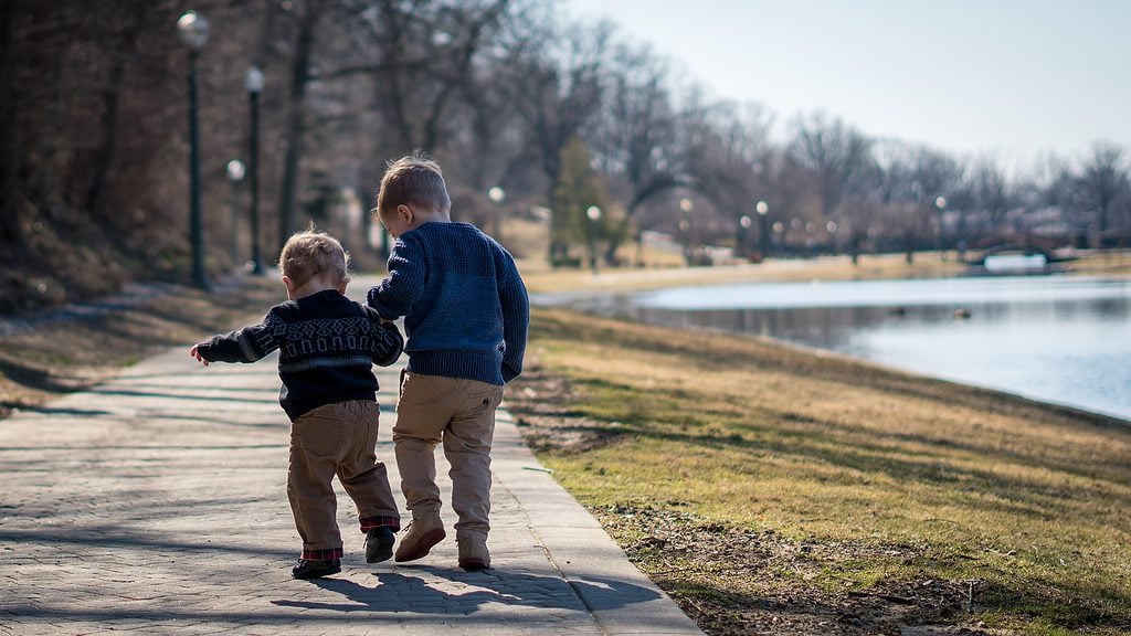 brothers walk together in park.