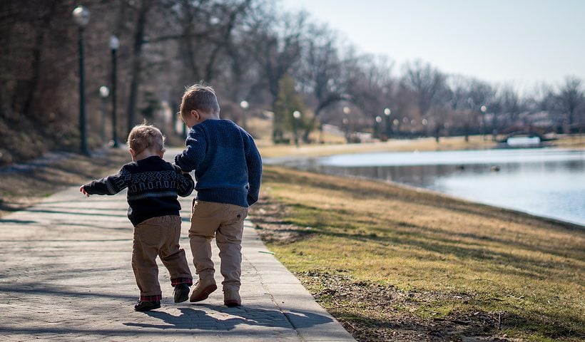 brothers walk together in park.