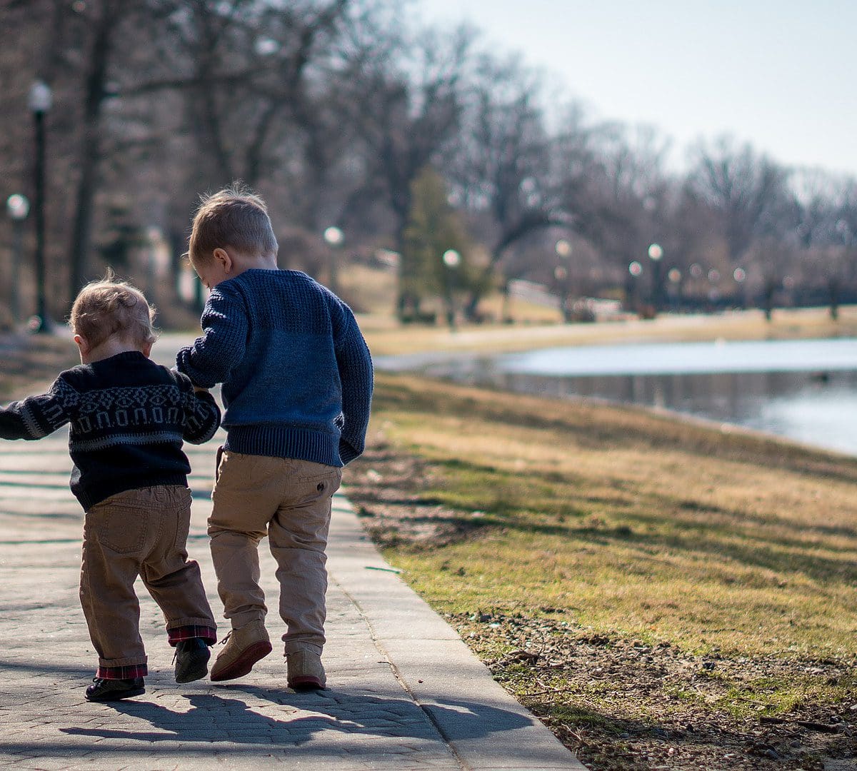 brothers walk together in park.